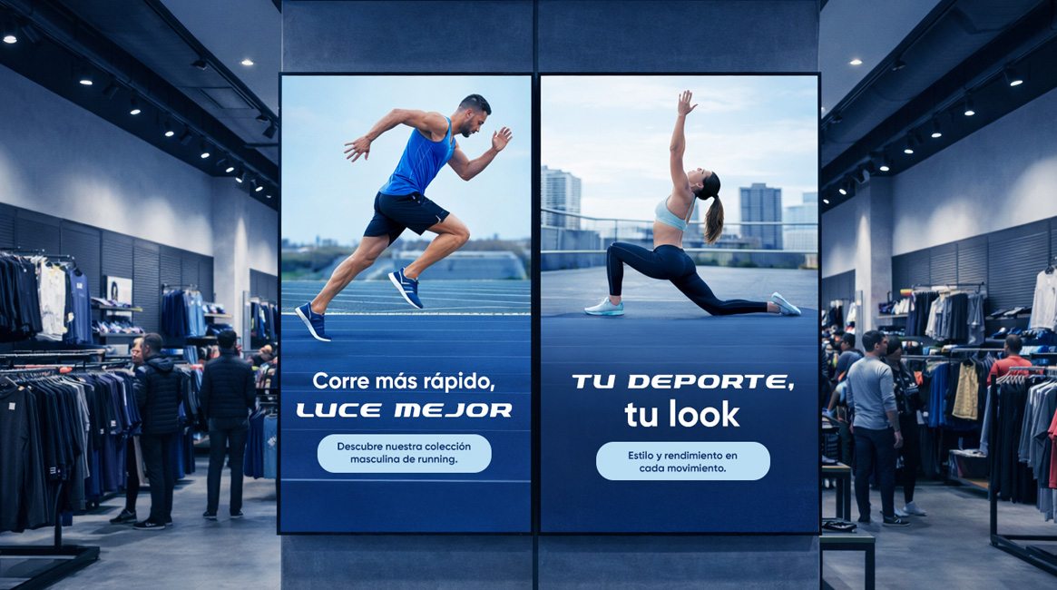 Tienda de ropa con pantalla publicitaria